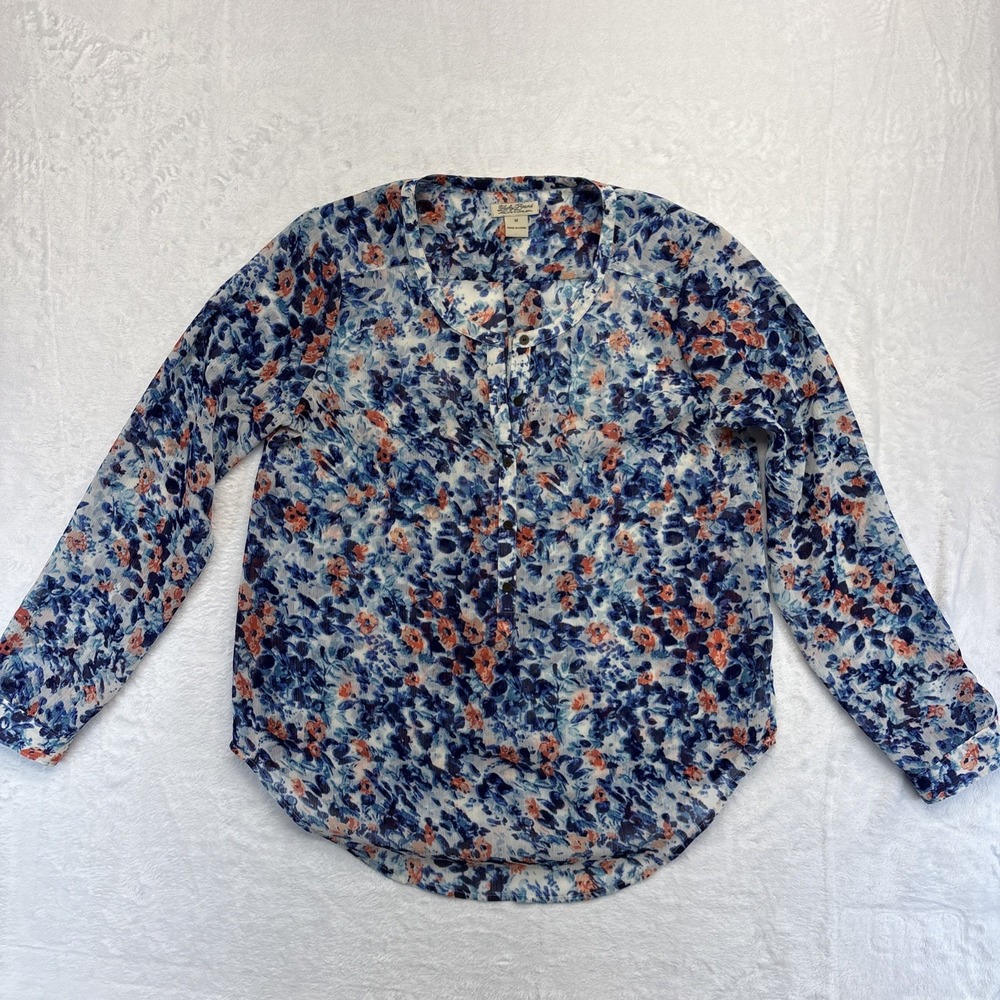 Lucky Brand Shirt Women's Medium Blue Orange Floral Long Sleeve 3/4 Button